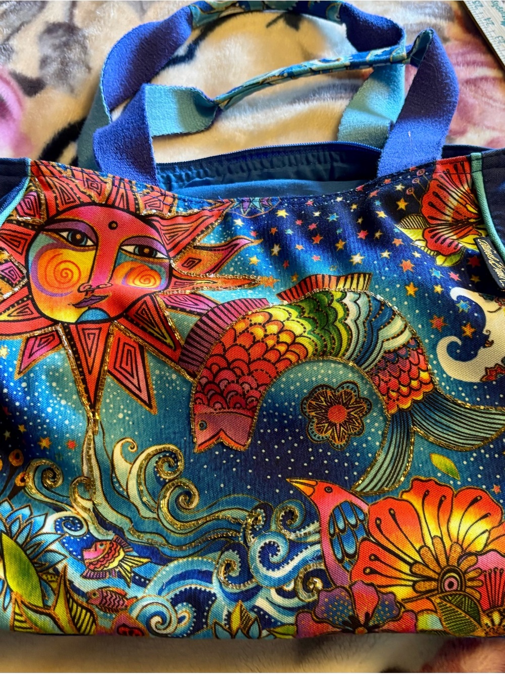 Laurel Burch “celestial magic”Vibrant Sun & Koi Tote Bag in Multi-Color. 20x9x12